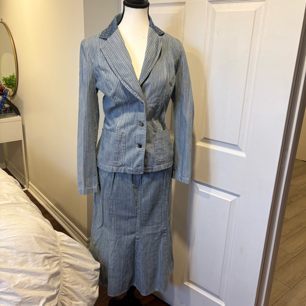 Vintage 90s Pinstripe Denim Skirt Suit Set Medium Y2K Matching Set
